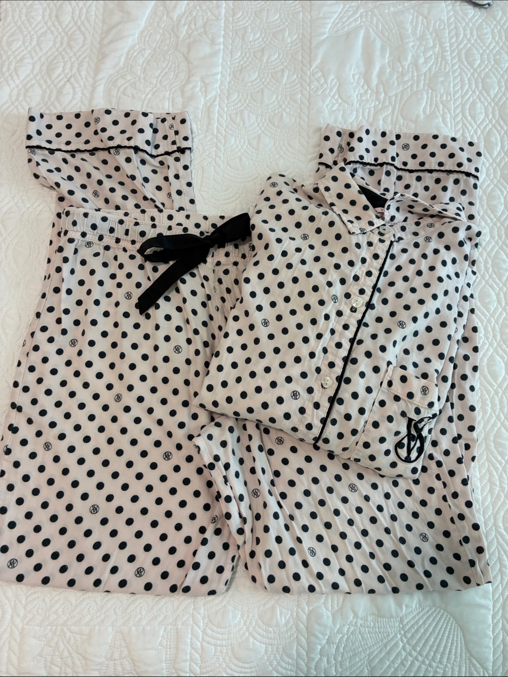 Victoria’s Secret Polka Dot Two-Piece Pajama Set with Black Trim